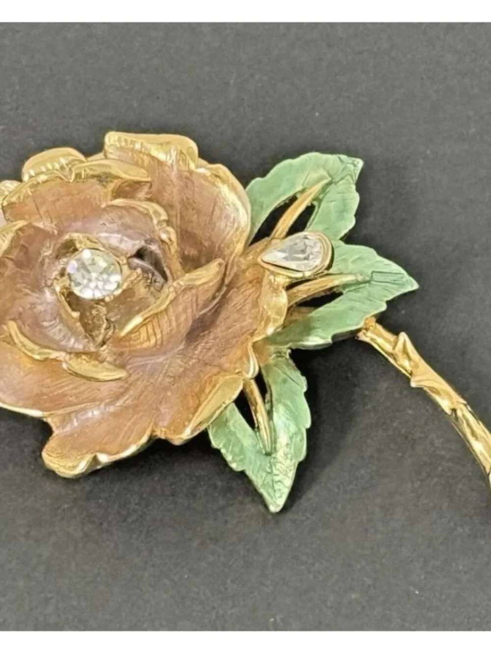 England's Rose R.J. Graziano 1997 Flower Brooch Pin Gold Tone Enamel Rhinestone
